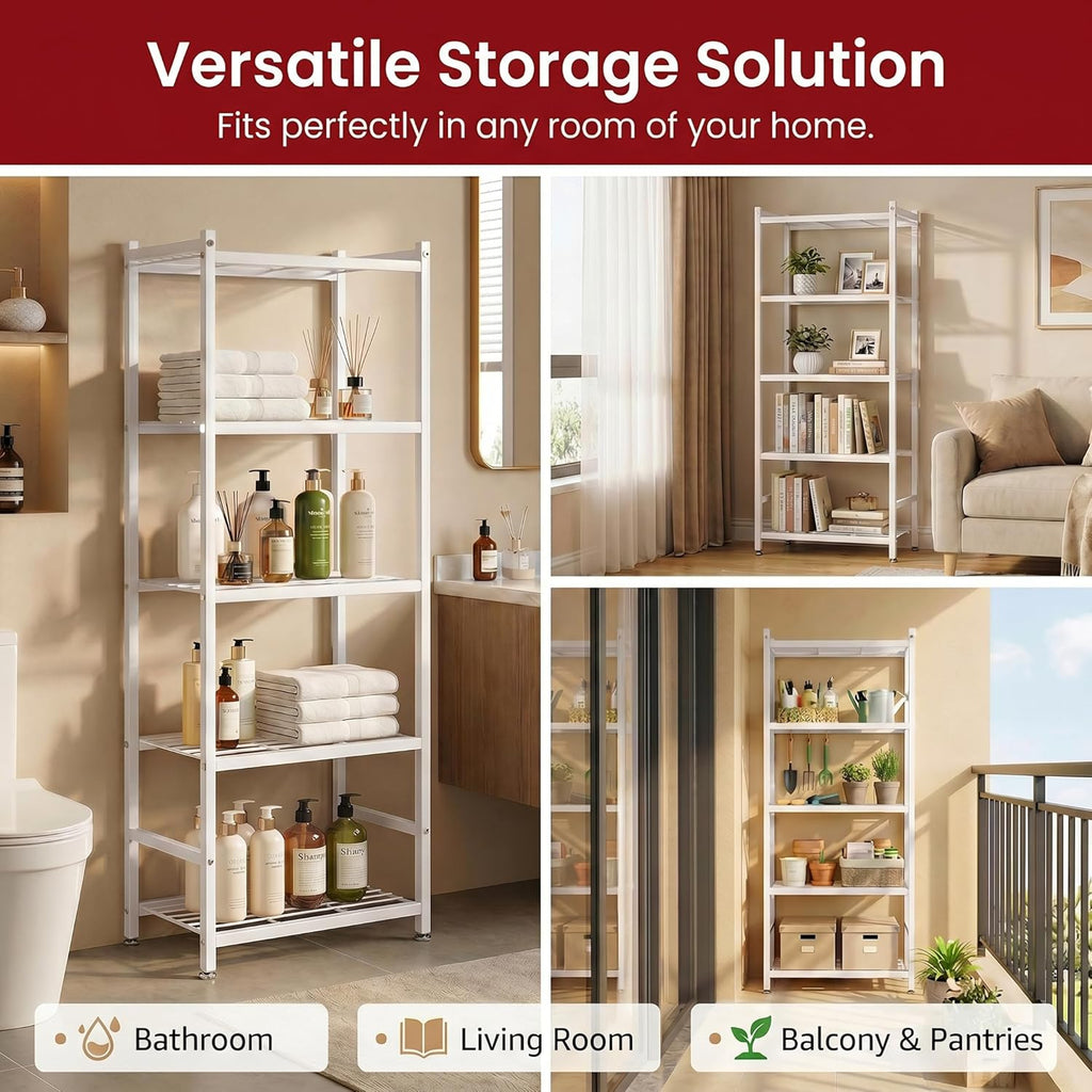 Small Storage Shelves, 5-Tier Metal Shelving Unit with Adjustable Feet, Compact Shelf Organizer for Garage, Kitchen