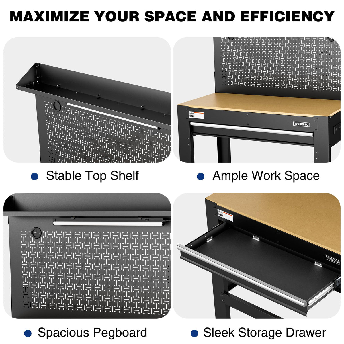45" Workbench with Pegboard, Power Outlet & LED Light