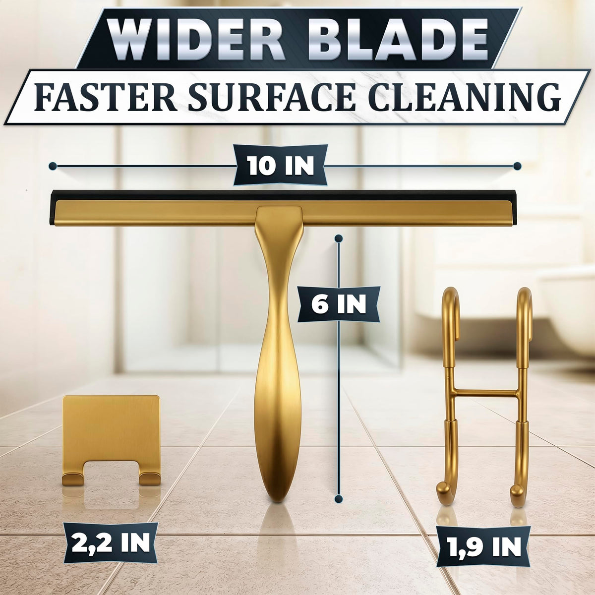 10" Shower Squeegee for Glass Doors & Windows with 2 Hooks, Gold