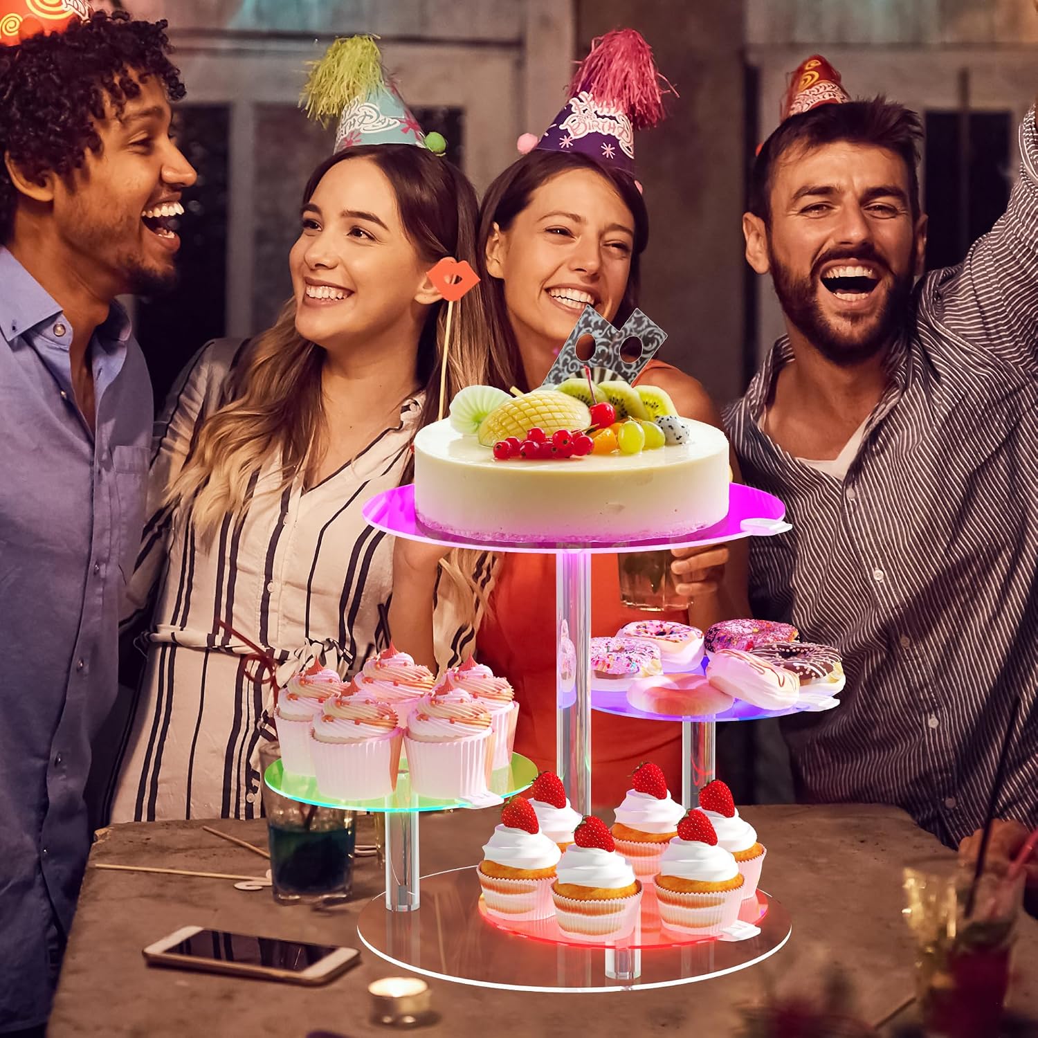 Cake Stand with Rechargable LED Light, Round Light Up Cupcake Stand, Cupcakes and Cakes Comb for 8-12 Inch Cakes
