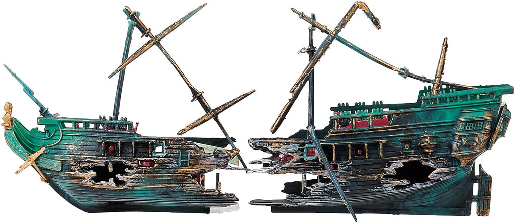 Shipwreck Aquarium Decoration Ornament with Moving Masts, Lifeboat, and Bubble Action