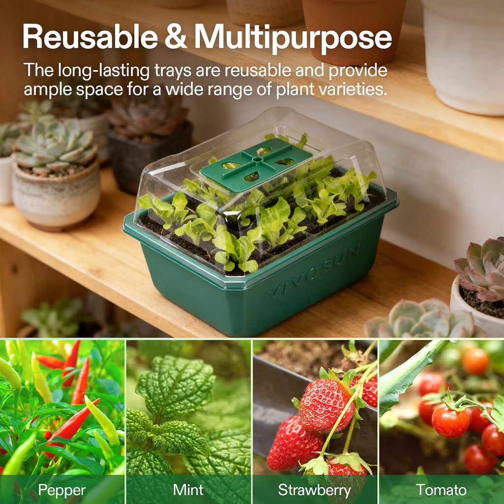 VIVOSUN 6-Pack Seed Starter Trays, 72-Cell Starter Kit with Humidity Dome | Flat Reusable Plant Germination Trays