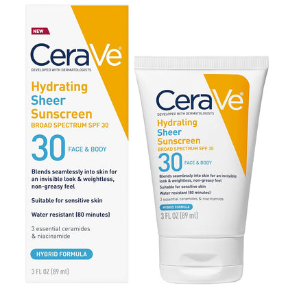 Hydrating Sheer Sunscreen with SPF 30 for Face and Body, Mineral & Chemical Sunscreen for Men & Women with Zinc