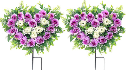 2 Sets Artificial Cemetery Flowers, Grave Memorial Flowers with Ground Spike,Heart Shaped Wreaths Rose Flowers for