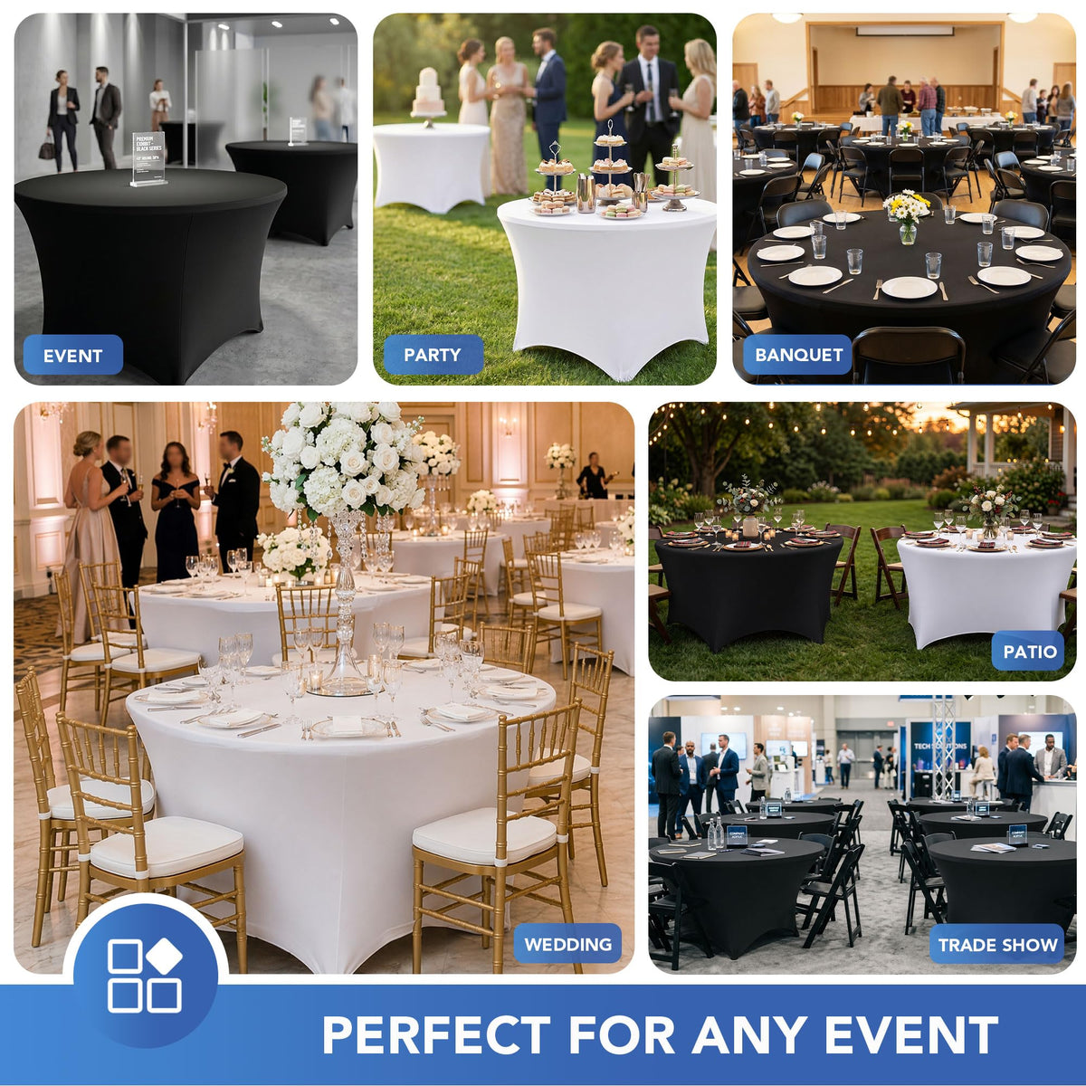 Fitted Round Table Covers 5ft-Spandex Elastic Stretch Black Table Cloths