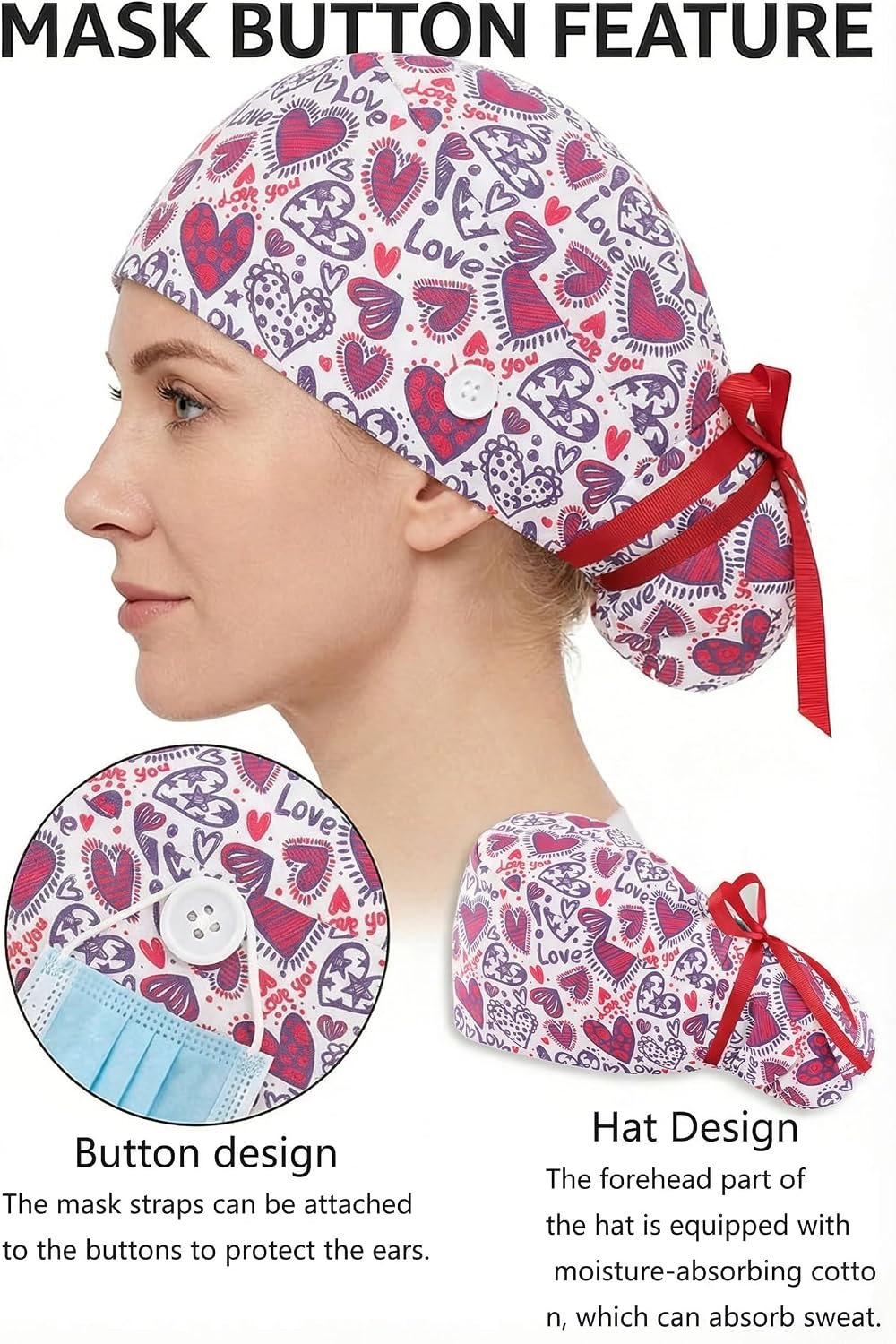 Scrub Caps for Women Nursing Hats with Buttons Adjustable Scrub Hats for Dentist Hats with Sweatband Adjustable