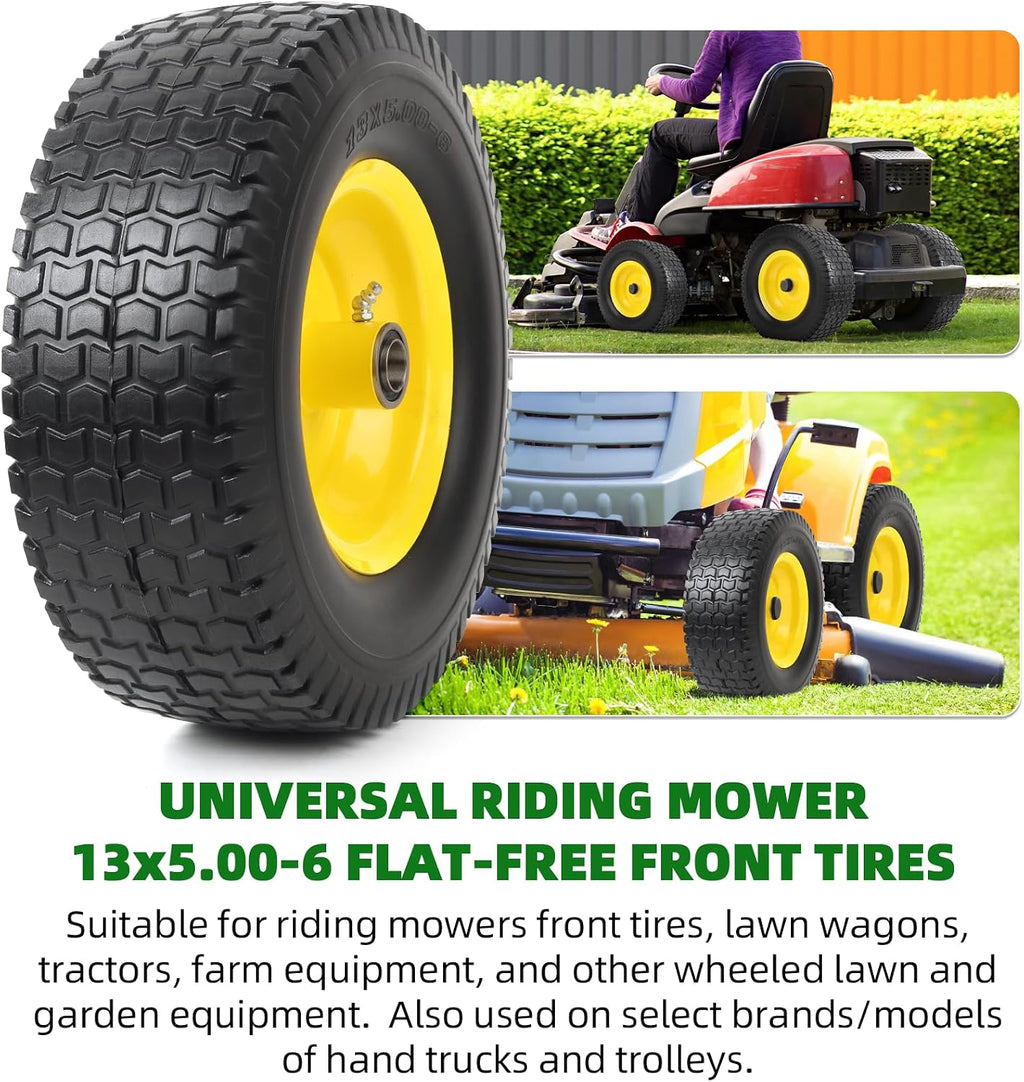 (2 Pack) 13x5.00-6 Flat Free Front Tire and Wheel Assembly, Solid Riding Lawn Mower Wheels, 3"-6" Offset Hub