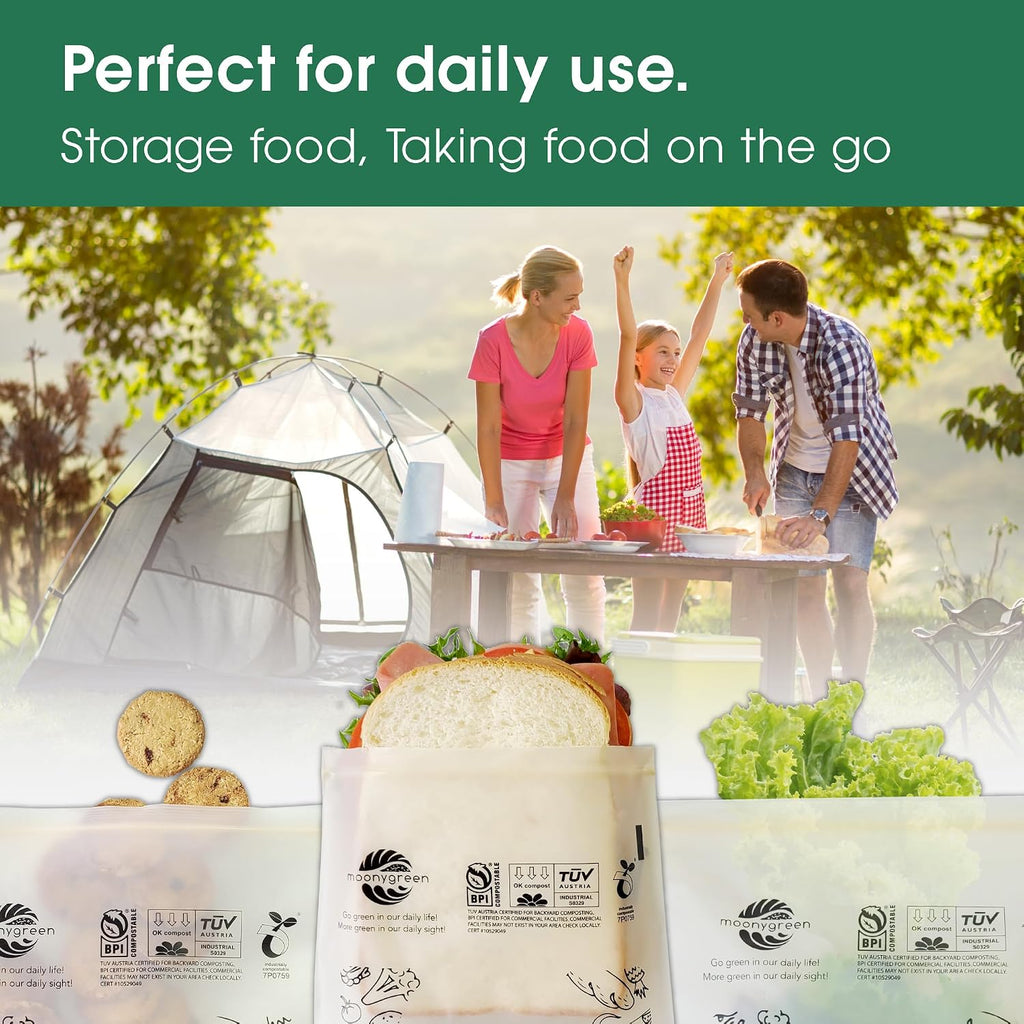 Compostable Food Storage Bags, Resealable Sandwich Bags, 50 Count, 6.7 x 6.8 inches, Extra Thick, Certified US BPI
