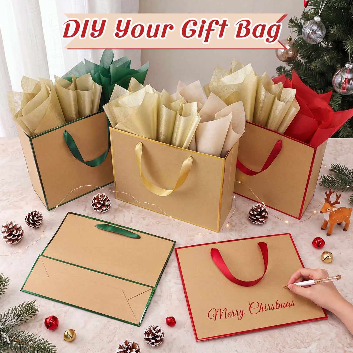 12 Pack Paper Gift Bag with Handles & Tissue, Green, Red, Gold