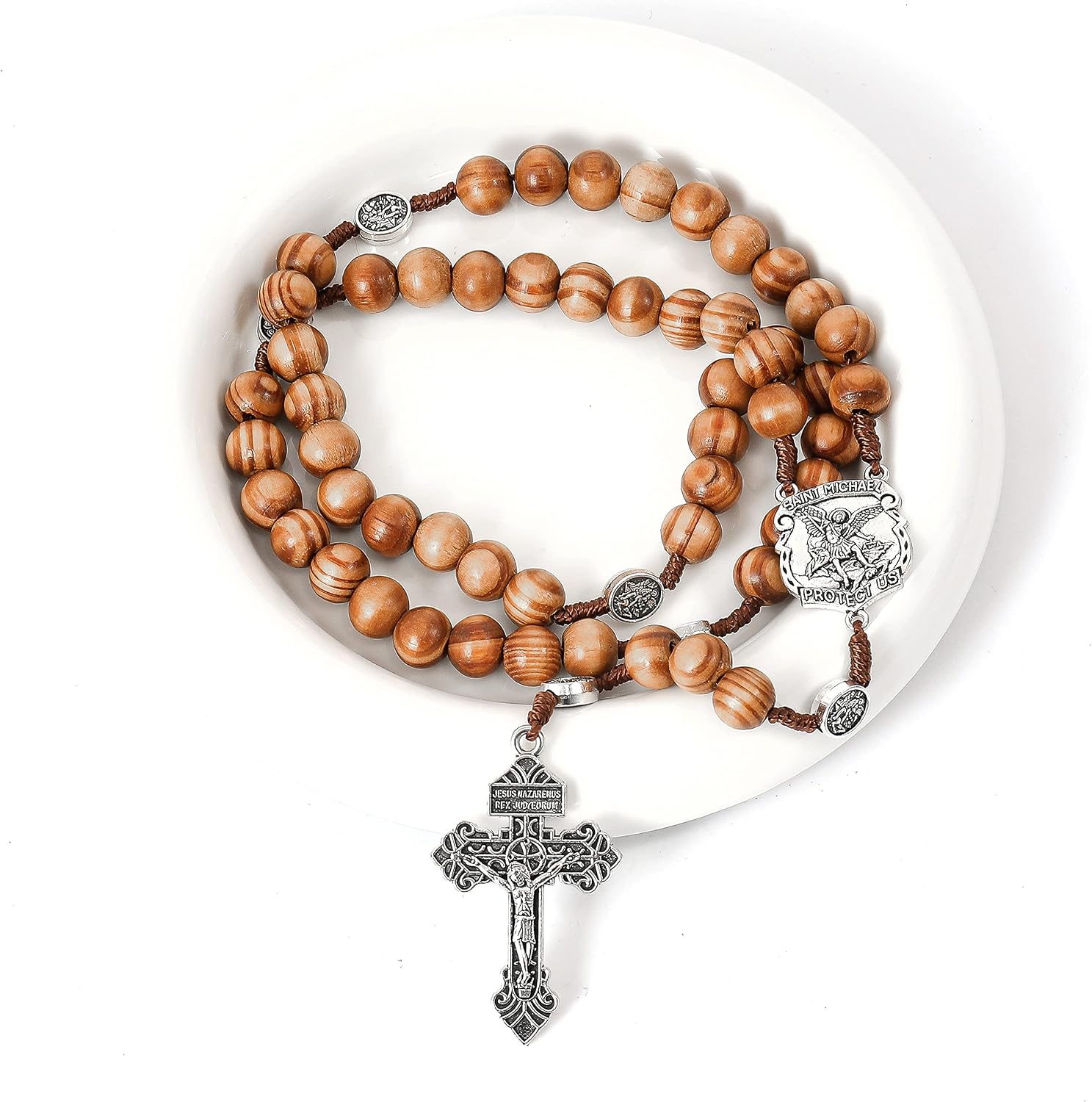 Nazareth Store Sacred St Michael Wood Beads Rosary Solid Wooden Prayer Chaplet with Cross Saint Medal & Silver Pardon