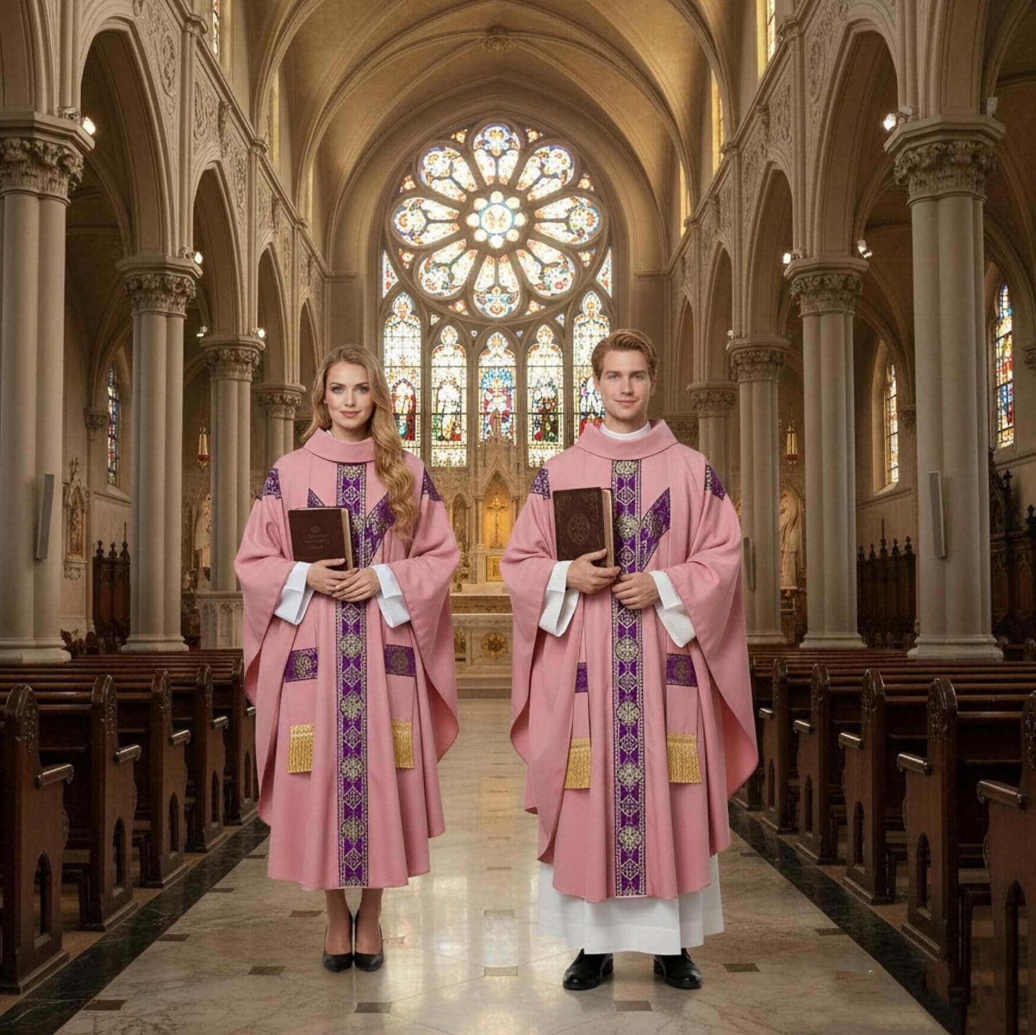 Clergy Elegance Church Vestments for Catholic Priests Chasuble Mass Apparel and Round Collar Robe With Pastor Stole