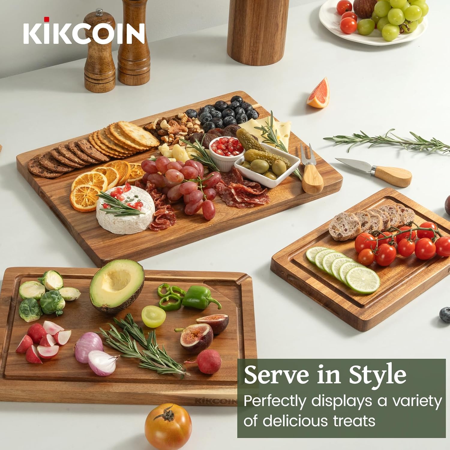 Acacia Wood Cutting Boards for Kitchen, Kikcoin 3 PCS Wooden Cutting Board Set with Holder, Chopping Board with