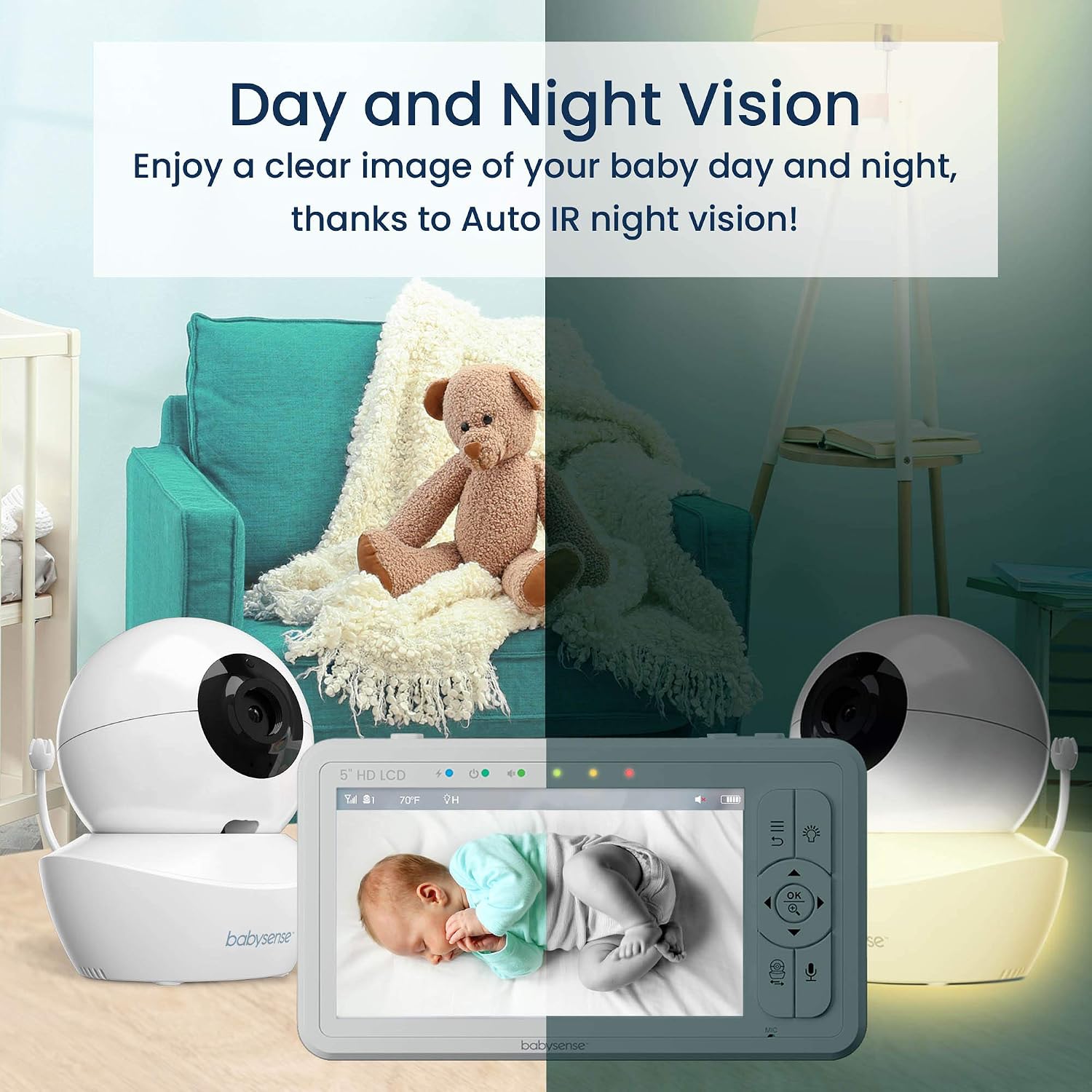 5" HD Non WiFi Split-Screen Baby Monitor, Video Baby Monitor with 2 Cameras and Audio, Night Light, 1000ft Range