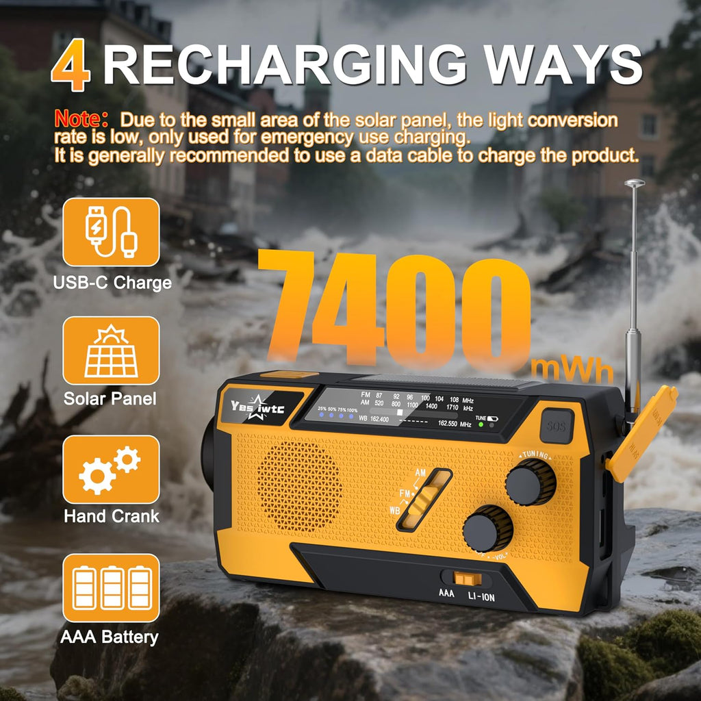 Hand Crank Emergency Radio 7400mWh (2000mAh) Solar Hand Crank Radio | Built in 3 Charging Cables AM/FM/NOAA Weather