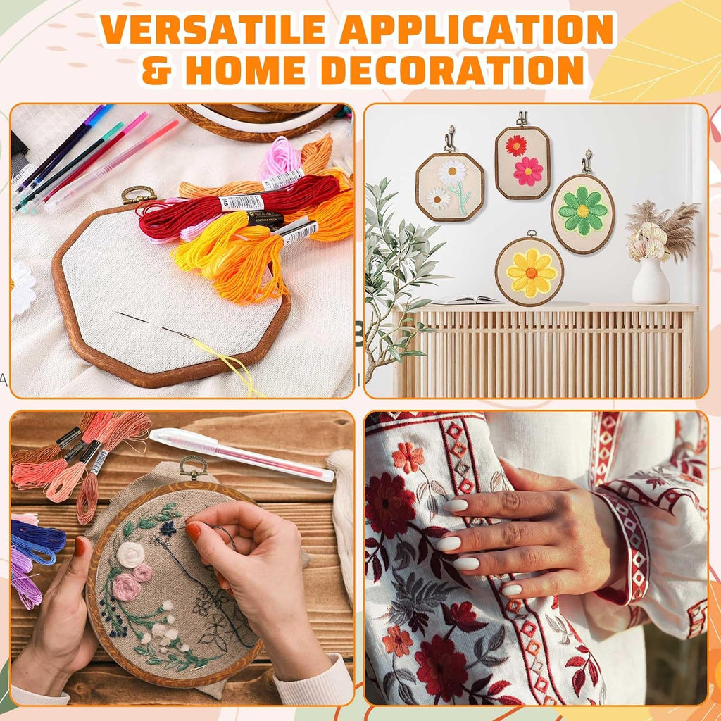 138 Pcs Embroidery Kit 9 Hoop 100 Thread 5 Fabric 16 Needles | Bamboo Frames in 3 Shapes, Rainbow Floss Skeins, 8