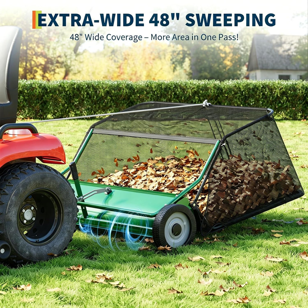 48" Tow Behind Lawn Sweeper, Pull Behind Leaf & Grass Collector for Tractor