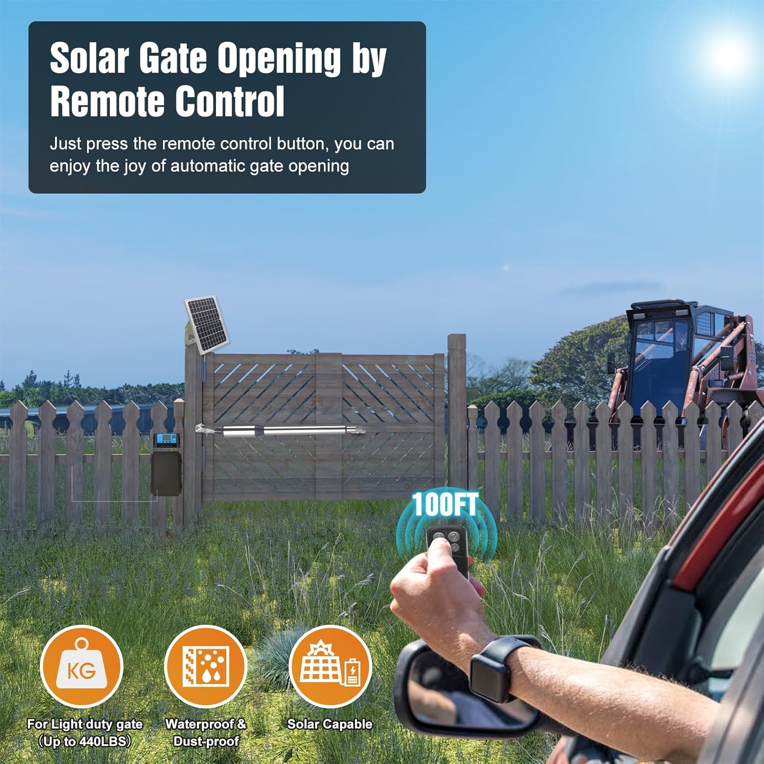 C01 Solar Gate Opener with Batteries & Solar Panel for Single Swing Gates Up to 440lb 12FT Automatic Gate Openers