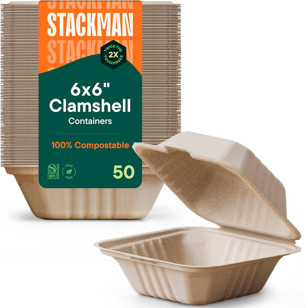 100% Compostable Clamshell Take Out Food Containers [6x6" 50-Pack] Heavy-Duty Quality to go Containers, Natural