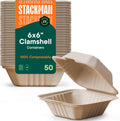 100% Compostable Clamshell Take Out Food Containers [6x6" 50-Pack] Heavy-Duty Quality to go Containers, Natural