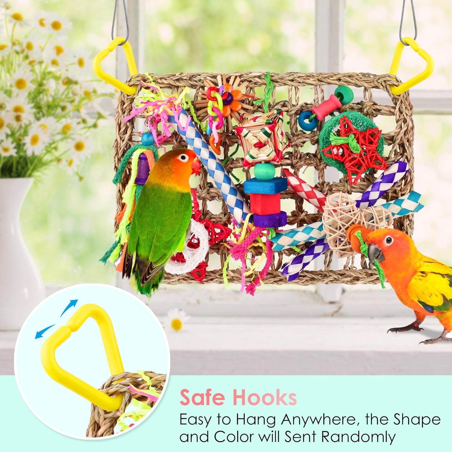 Bird Toys, Large Bird Foraging Wall Toy, Woven Climbing Hammock Mat | Natural Grass Mat, Edible Seagrass, Colorful