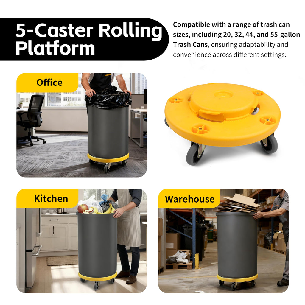 18‑Inch Trash Can Dolly with 5 Swivel Casters High‑Visibility Yellow Rolling Base with Multi Size Compatibility for