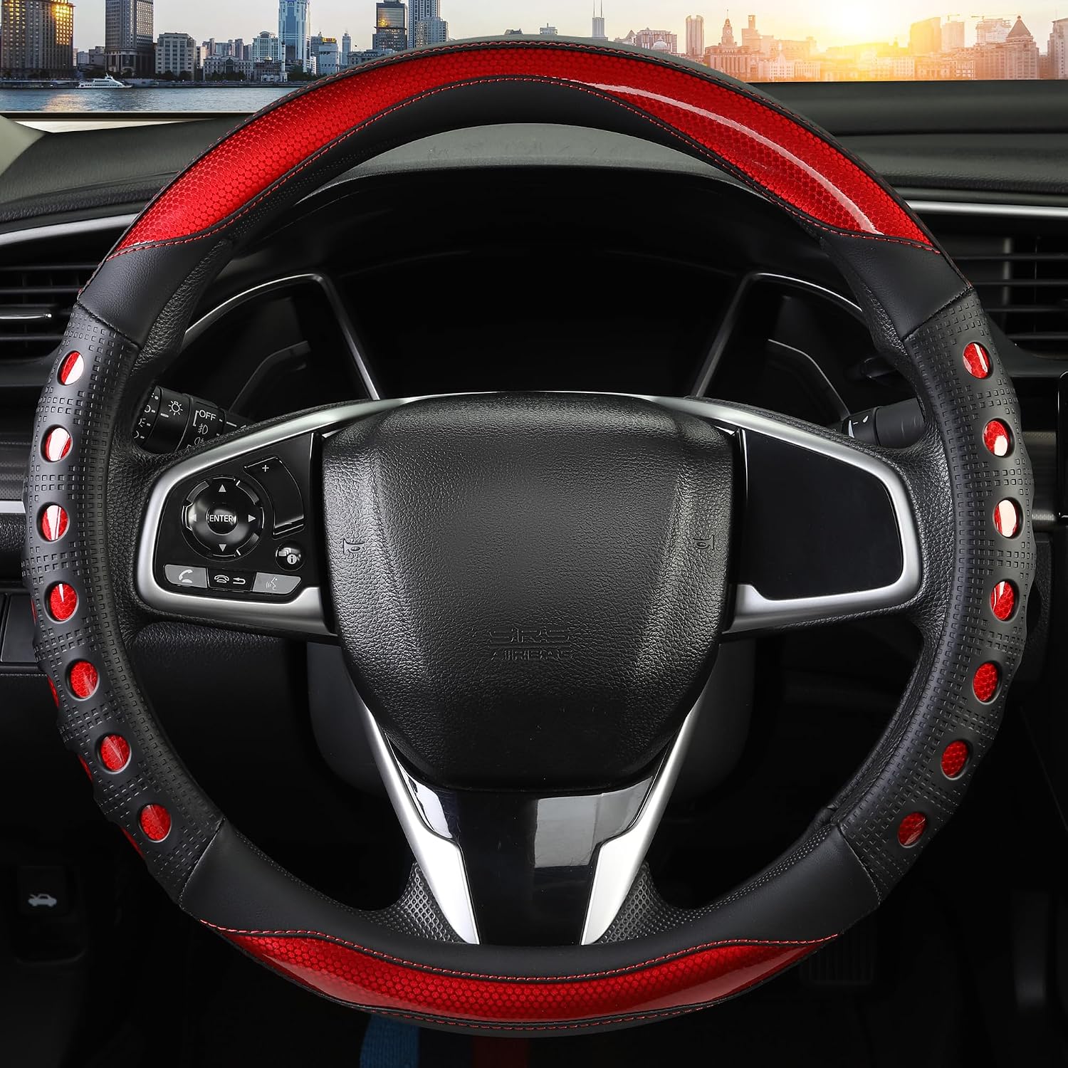 PU Leather Car Steering Wheel Cover with Anti-Slip Grip, for Women and Men, Universal Fit for 14.5-15 Inch Cars