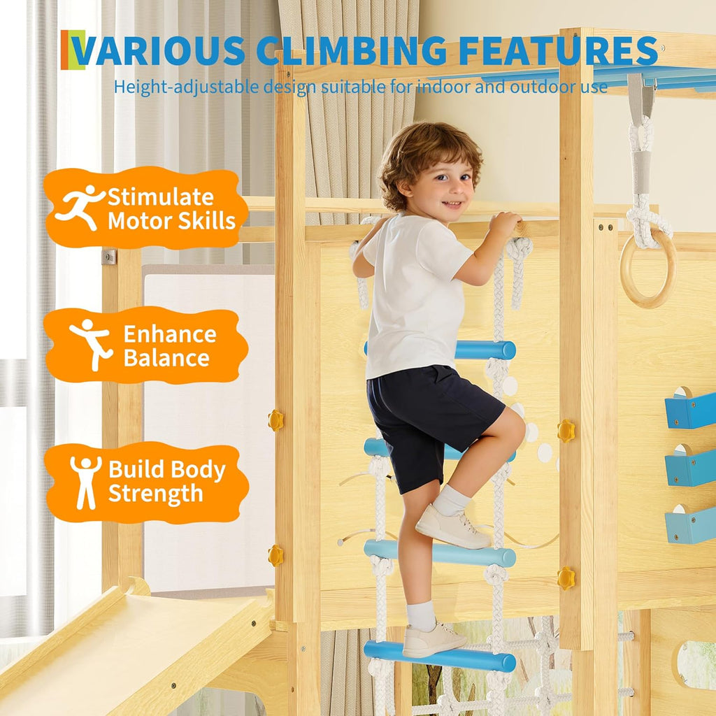 9-in-1 Indoor Jungle Gym, Montessori Wooden Indoor Playground for Kids 2-8, Wooden Climbing Structure with Slide