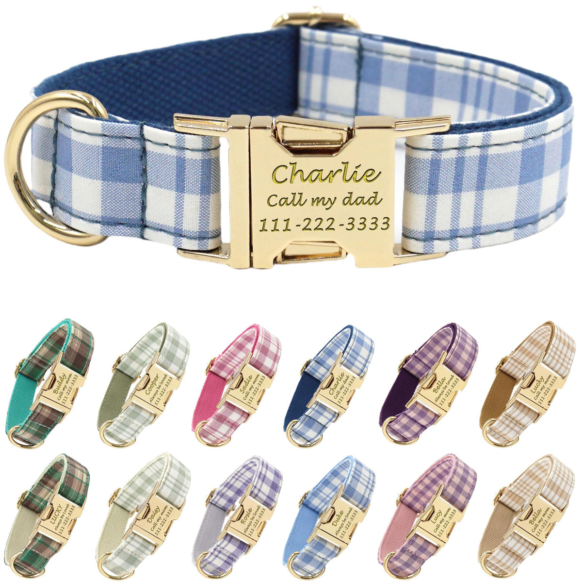 PETDURO Personalized Dog Collar Navy Blue Plaid for Large Medium Dogs