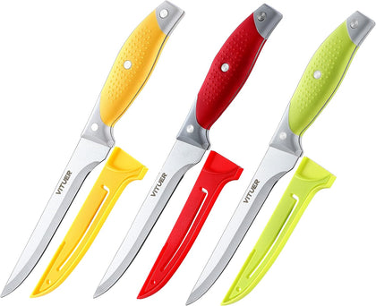 Boning Knife, 6PCS Fillet Knives (3PCS Filet Knives and 3PCS Knife Cover), 6 Inch Curved Boning Knife for Meat, Fish