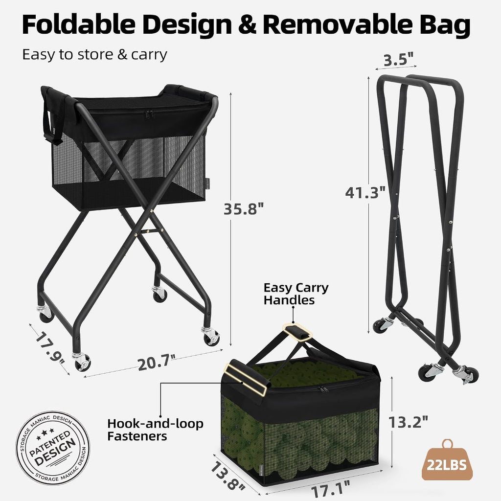 Foldable Tennis Ball Hopper Cart with Removable Ball Bag