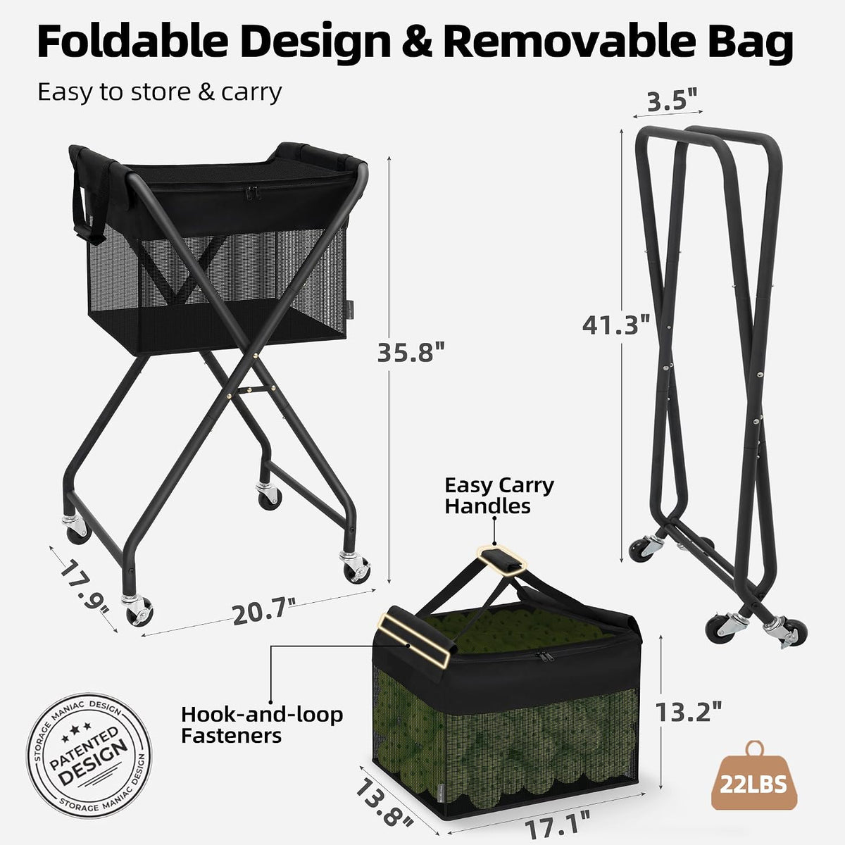 Foldable Tennis Ball Hopper Cart with Removable Ball Bag