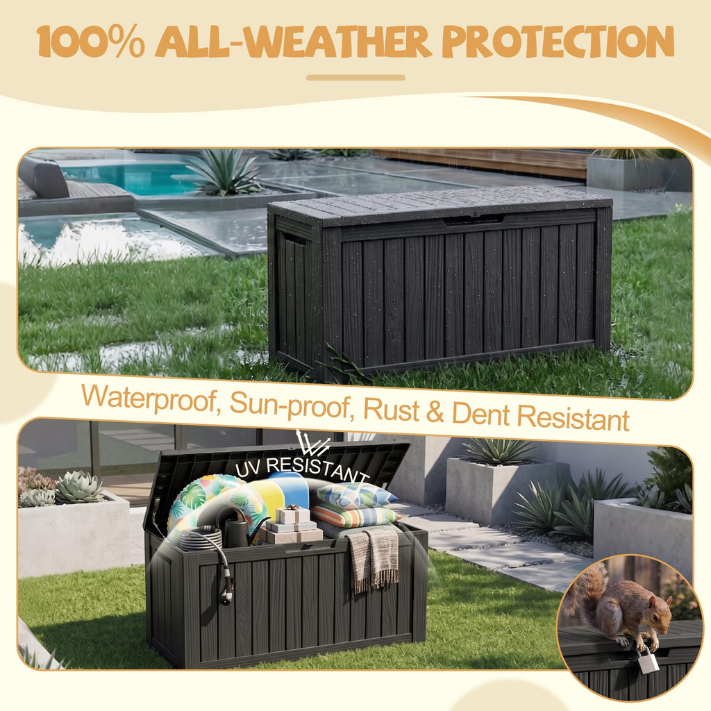 Outdoor Storage Box, 150 Gal Gen 2 Resin Deck Box w/Gas Struts & Wheels