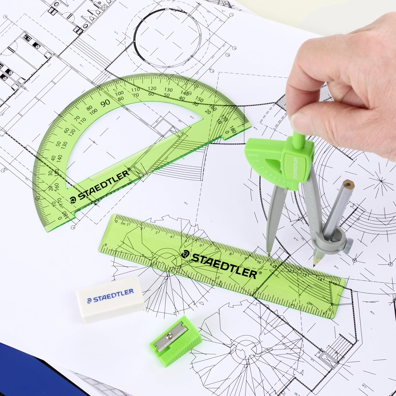 Student Math Set - Essential School Supplies with 6-Piece - Compass, 6in Ruler, 180° Protractor, Pencil, Eraser &