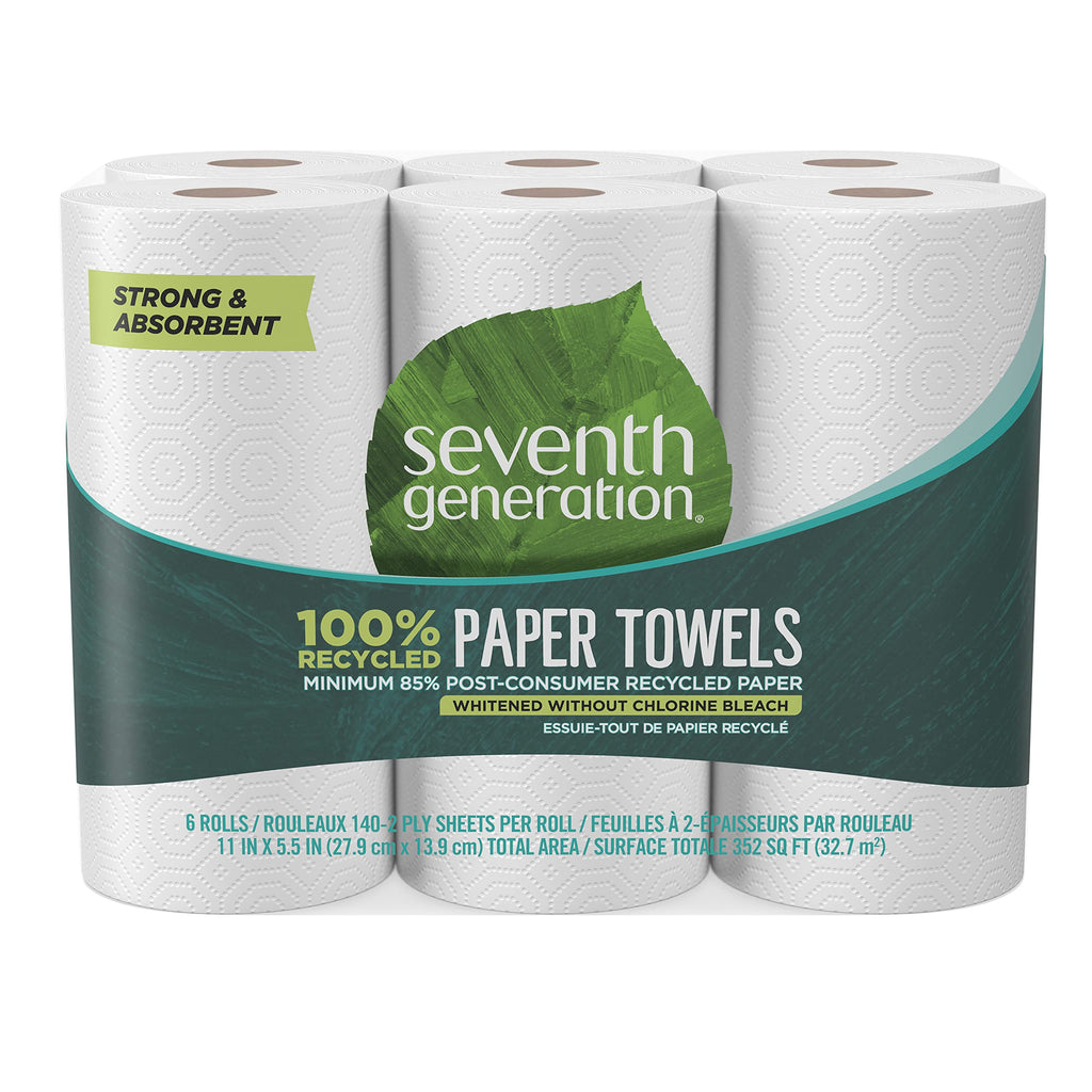 100% Recycled Paper Towels, 2 Ply, 140 Sheets, 6 Rolls