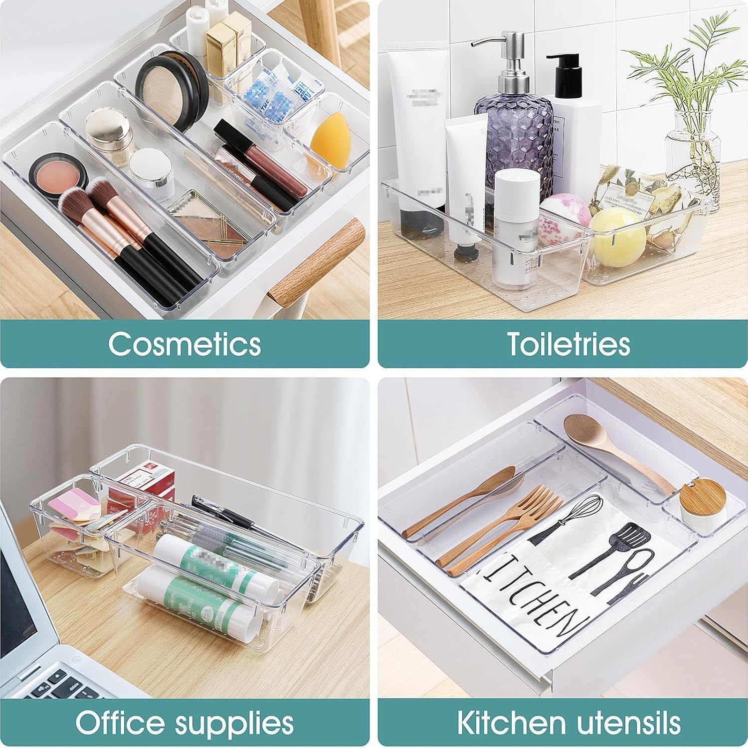 25 PCS Clear Plastic Drawer Organizer Set, 4 Sizes Desk Drawer Divider Organizers and Storage Bins for Makeup