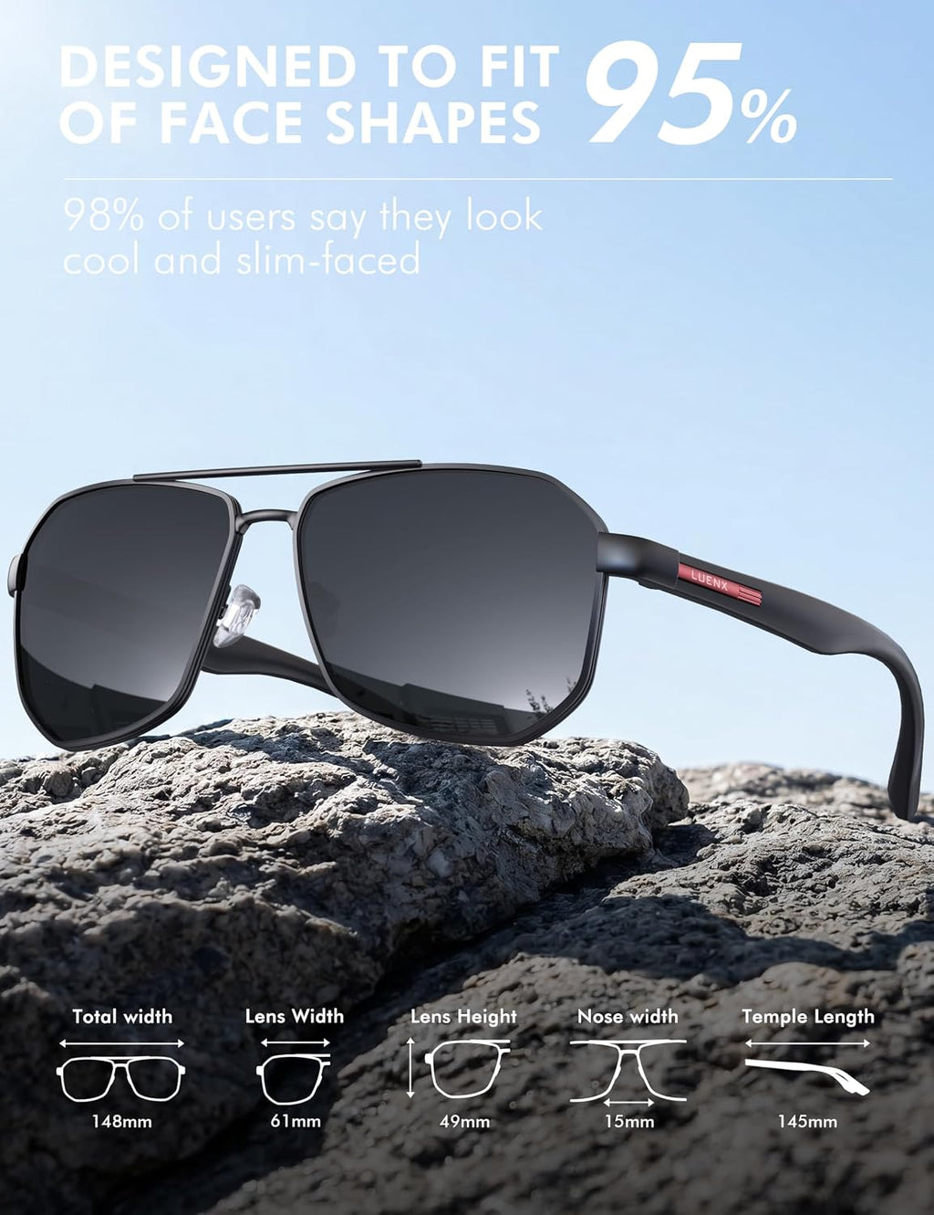 Aviator Polarized Sunglasses for Men: Square UV400 Driving | Big Head Fit,Lightweight,Adjustable Nose