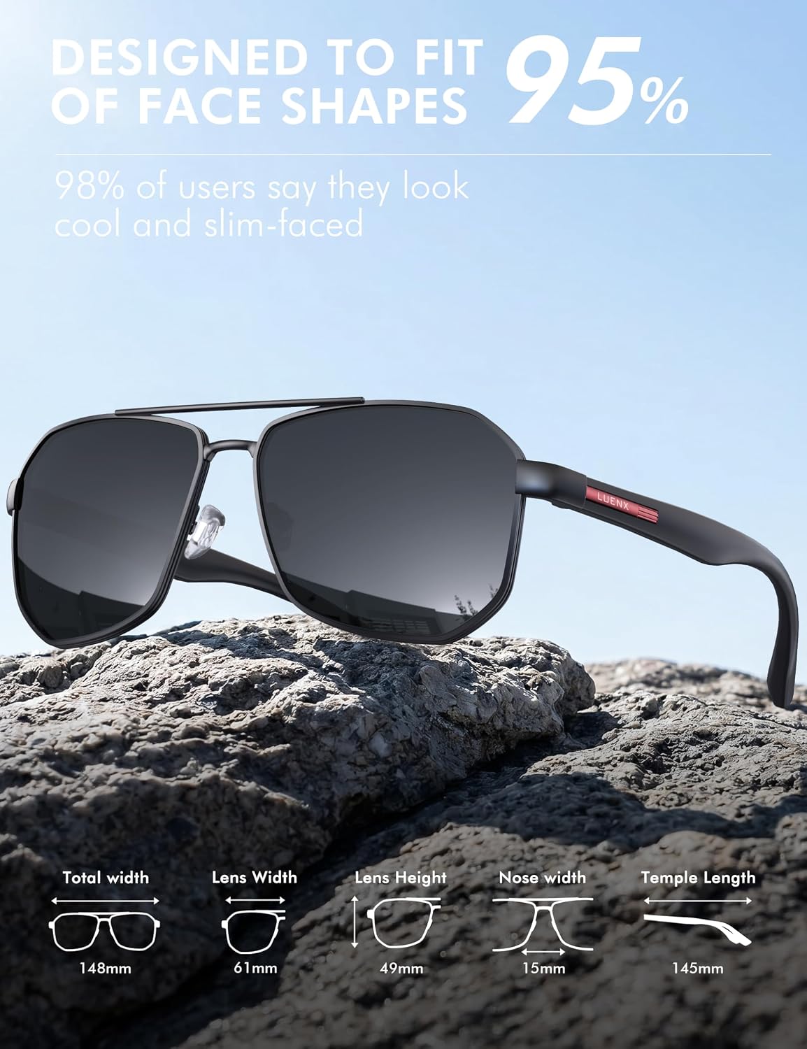 Aviator Polarized Sunglasses for Men: Square UV400 Driving | Big Head Fit,Lightweight,Adjustable Nose