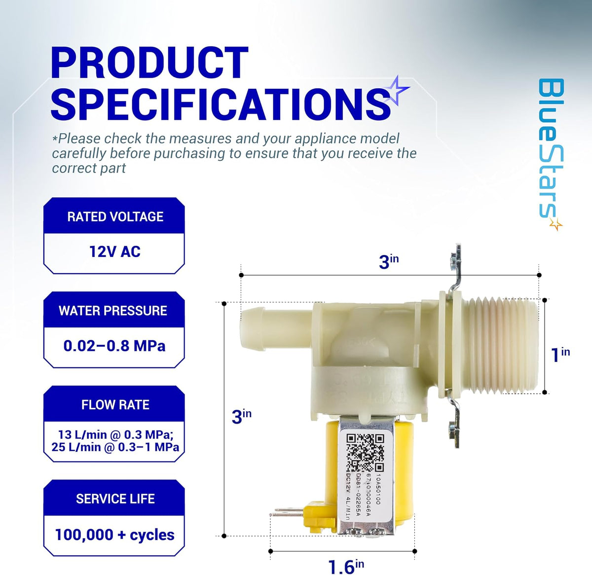 BlueStars DD81-02265A Dishwasher Water Inlet Valve Compatible with Samsung dishwasher parts 6740000046A 10A50100 PD00044305 AP6244375 PS12085633 Fits models DW80N3030US DW80M2020US DW50T6060US
