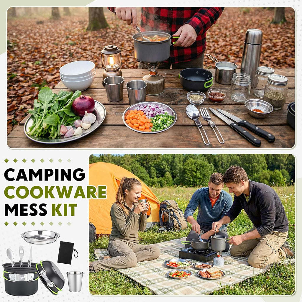 18-Pcs Camping Cookware Mess Kit for 2, Non-Stick Lightweight Pot Pan Set with Stainless Steel Cups & Plates, Folding