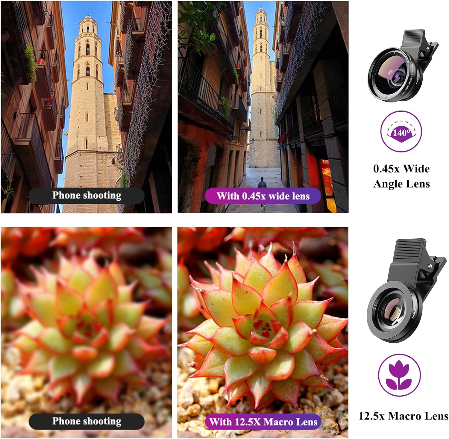 Phone Camera Lens, 2 in 1 Cell Phone Clip-on Lens Kit | 0.45X Wide Angle Lens 140°+ 12.5X Macro Lens Clip-on iPhone
