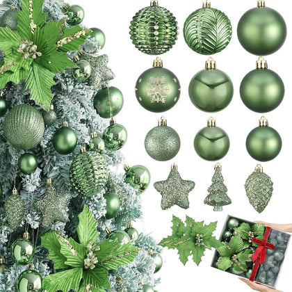 Christmas Ornaments Set, 48ct Green Shatterproof Christmas Tree Decorations Ball Large Glitter Christmas Flowers