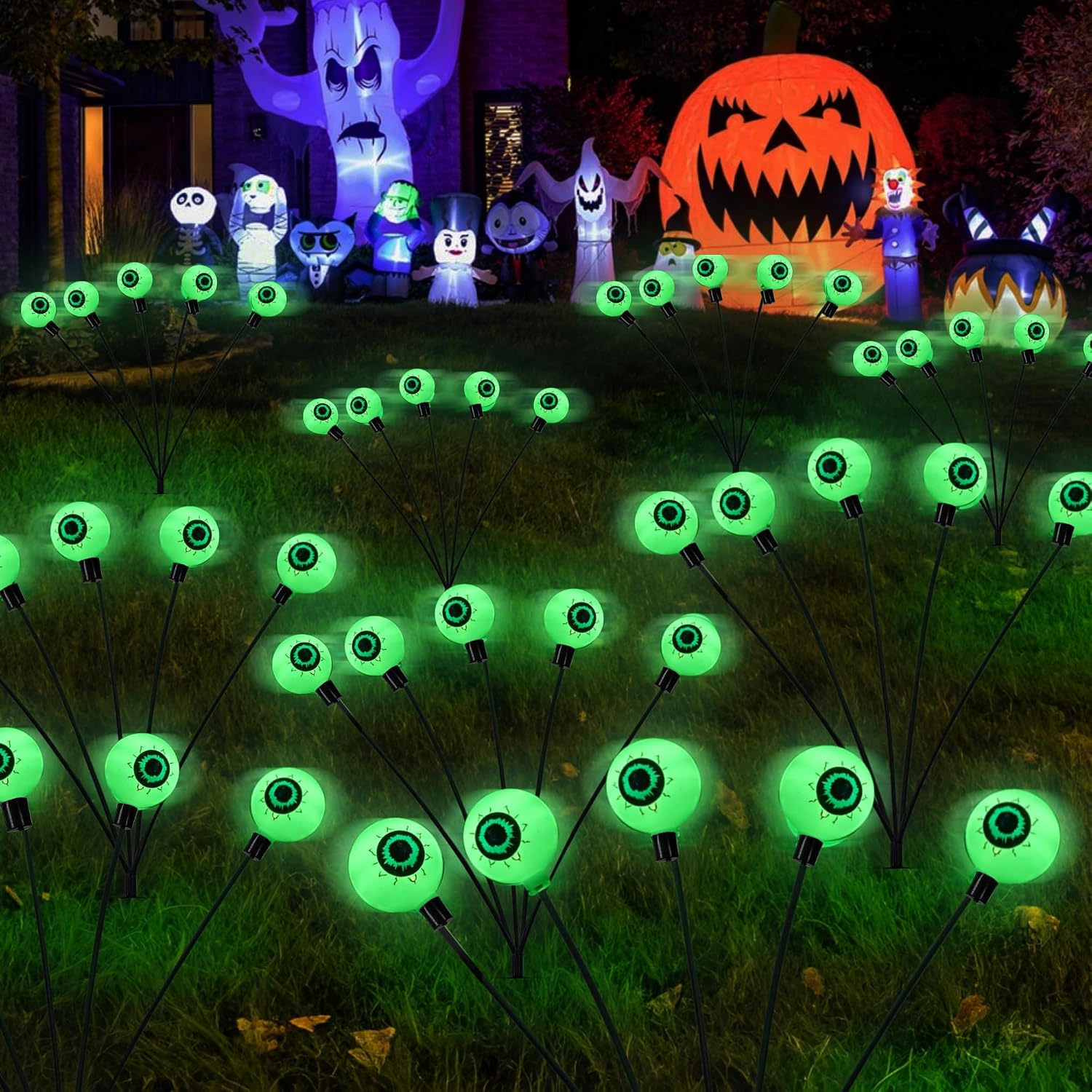 Halloween Decorations Outdoor, 4 Pack 24LED Solar Eyeball Pathway Lights, Scary Waterproof Solar Green Firefly Lights