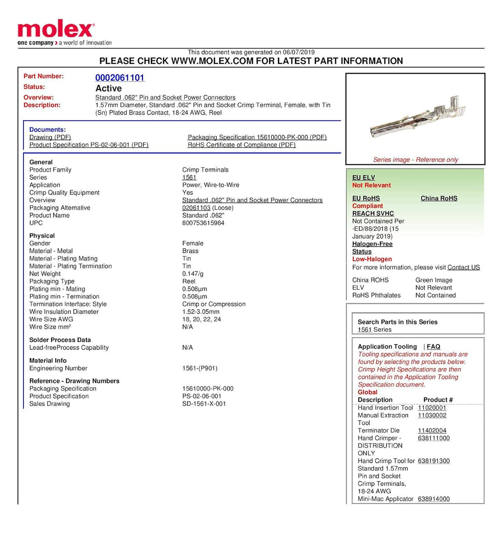 Molex Pin, Male & Female .062" 18-24 AWG, Series 1561 Tin (Sn) Plated Brass Contact (20 Pair)