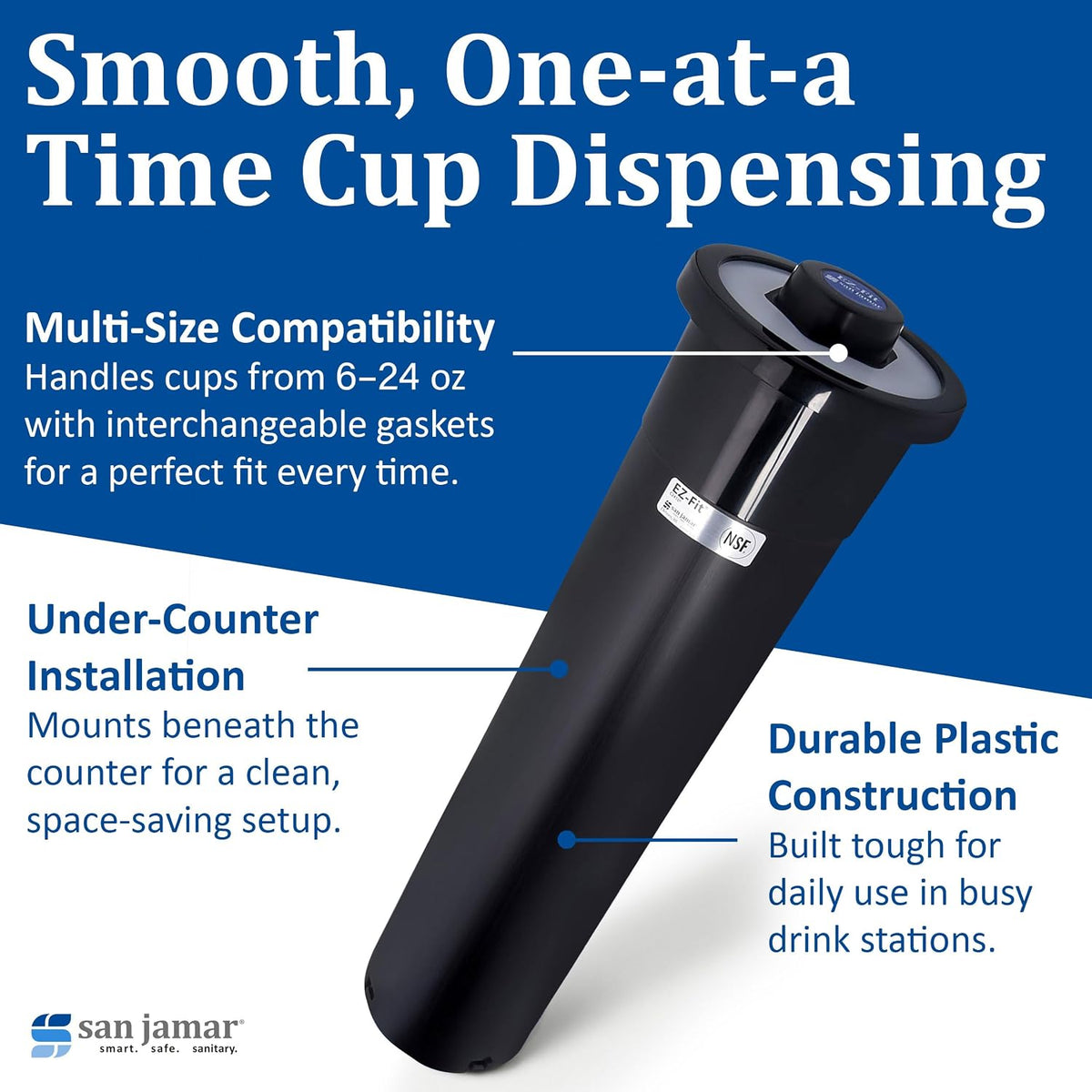 San Jamar Ez-Fit Surface Mount Cup Dispenser Fits 8-46 Oz Cups with Interchangeable Gaskets for Restaurants, Dining