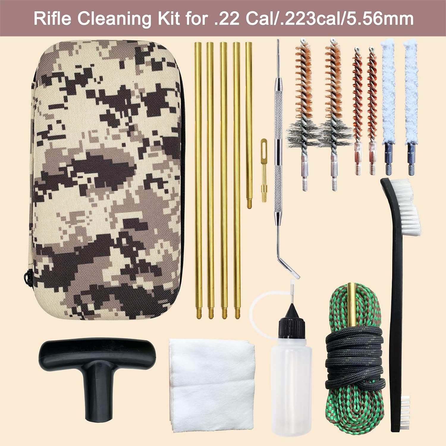 Rifle Pistol Gun Cleaning Kit for 22LR .22 Cal .223Cal 5.56 with Gun Snake, Cotton mop, Chamber Brushes, 32inch Brass