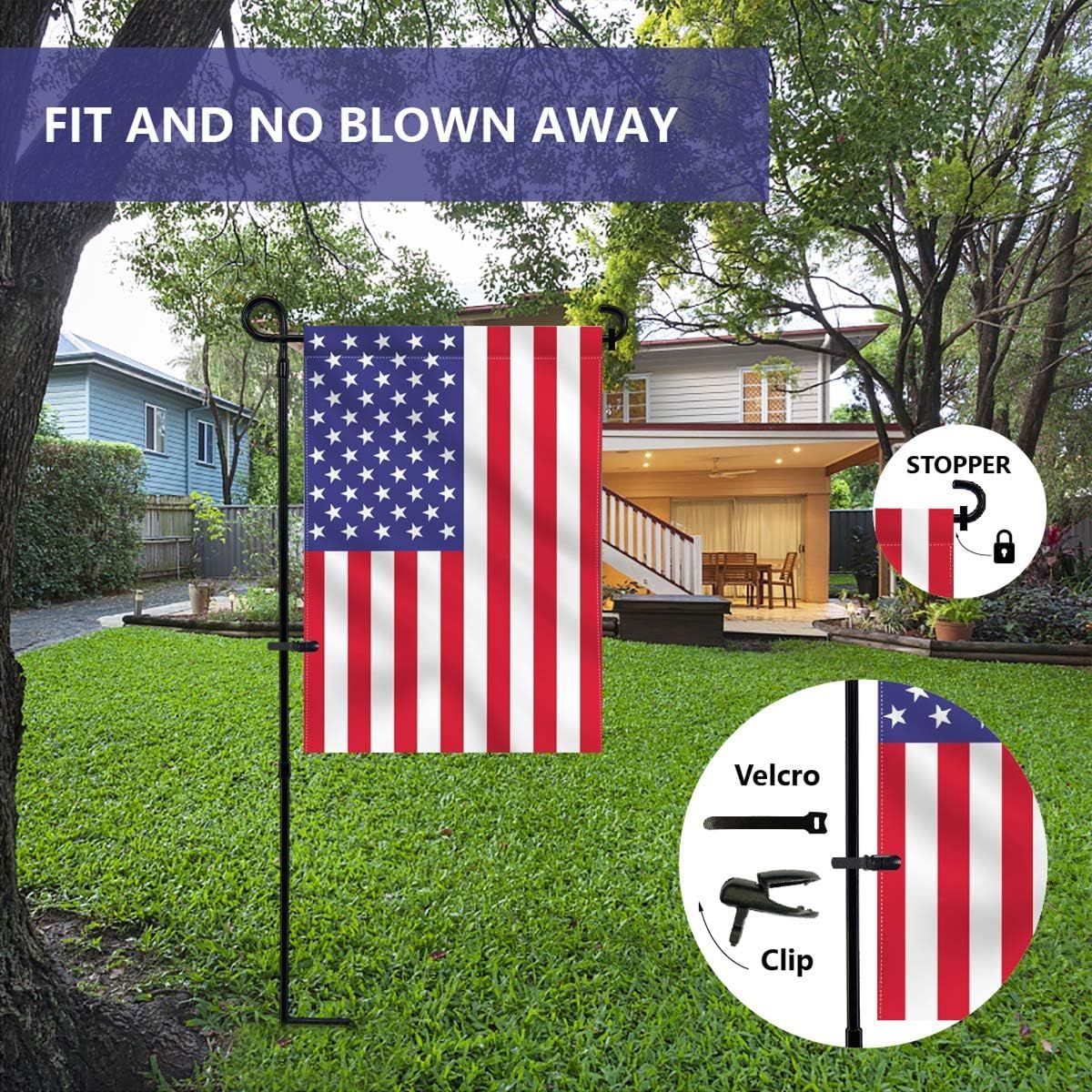 Garden Flag Holder Stand, Premium Yard Flag Holder Weather-Proof Metal Powder-Coated Flagpole with Clip and Stopper