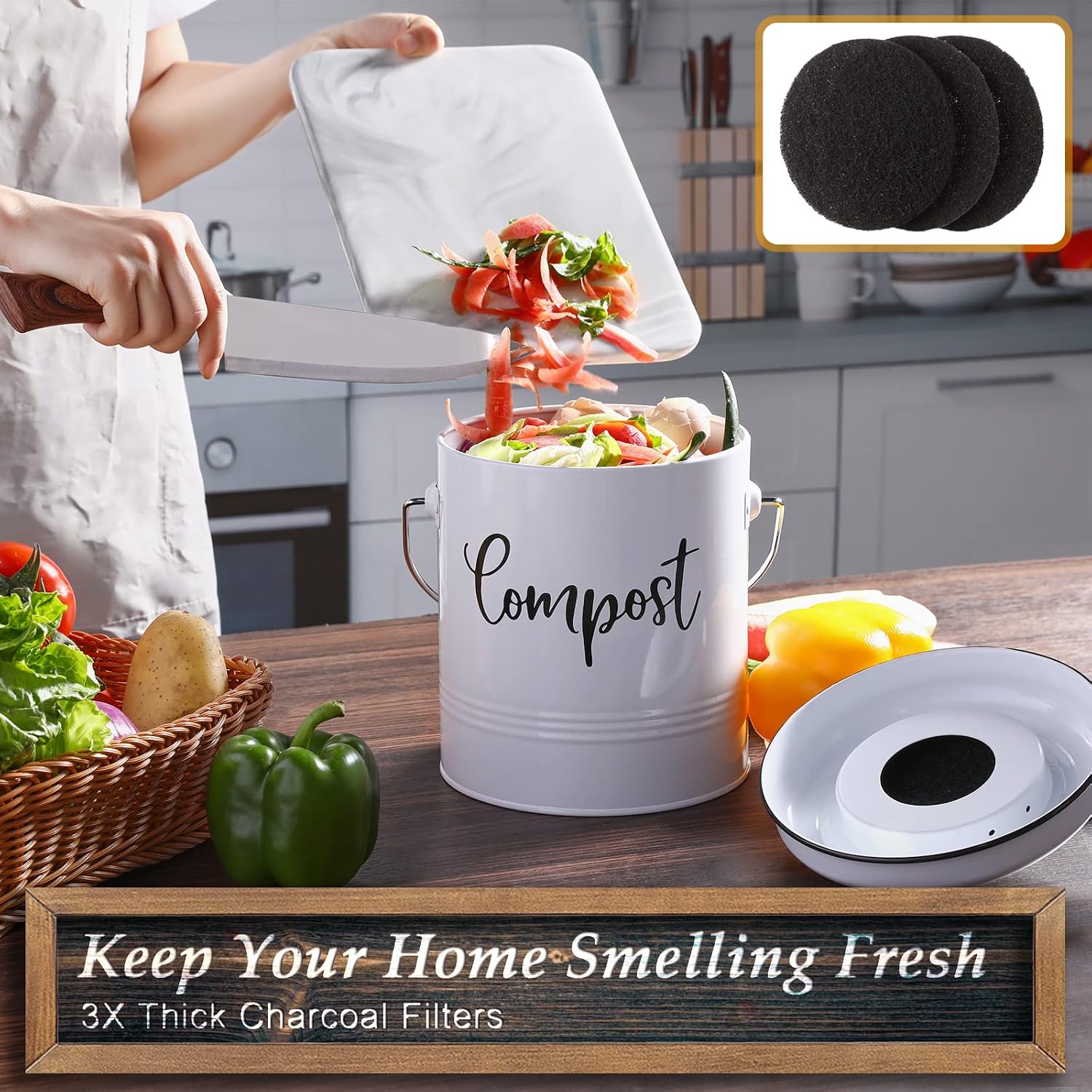 Compost Bin Kitchen, 1.3 Gallon Farmhouse Kitchen Compost Bin Countertop, Indoor Countertop Compost Bucket with Lid