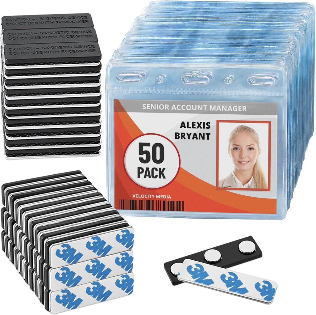 Magnetic Name Badge Holders - 50 Pack - 3x4 inches Zipperless Horizontal ID Badge Sleeves + Strong Magnet Plates for