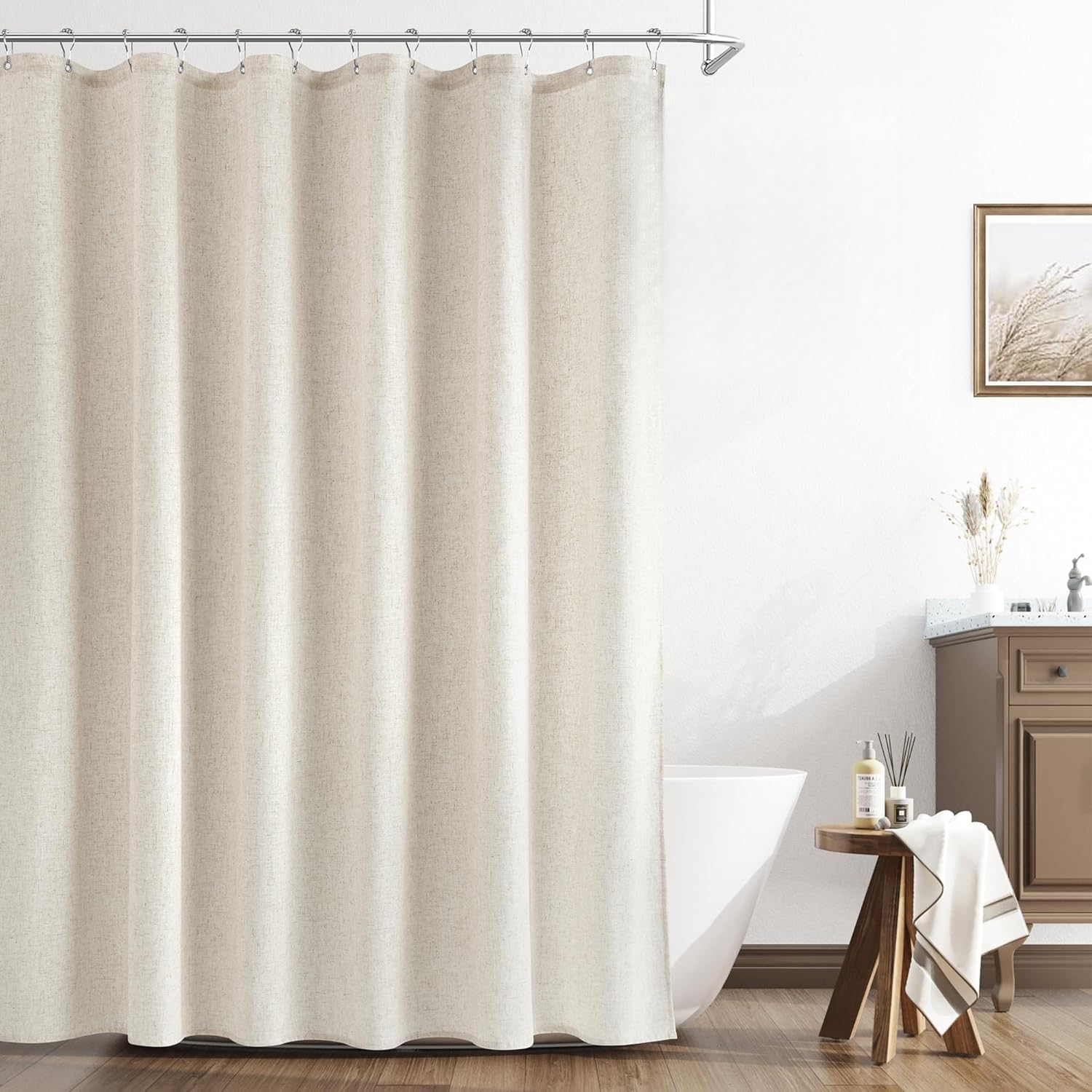 Linen Shower Curtain, Country Boho Farmhouse Bath Decor Beige Ivory Shower Curtains for Bathroom Neutral Cloth