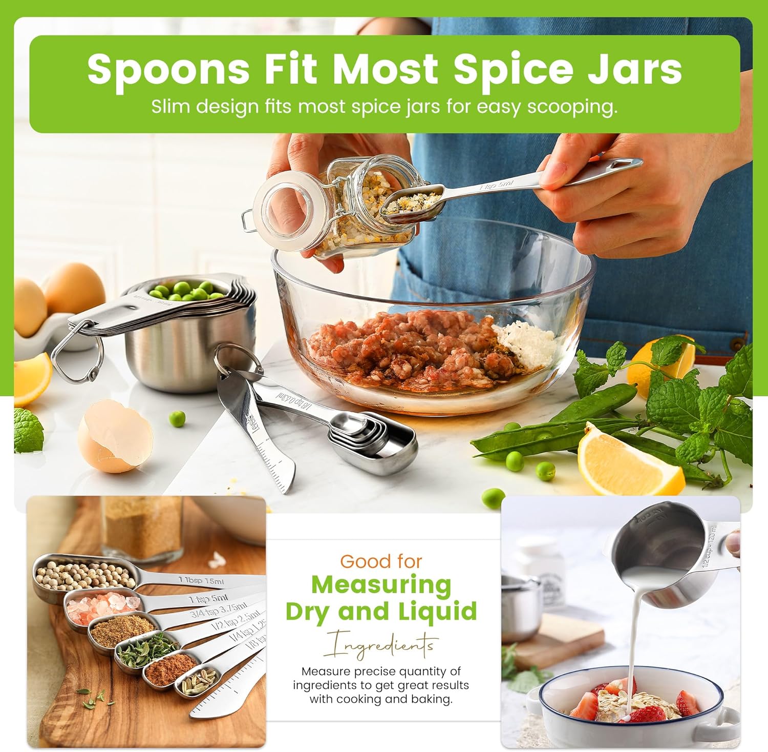 Stainless Steel Measuring Cups and Spoons Set of 14 with Leveler, Nesting Kitchen Metal Measuring Cups and Spoons Set